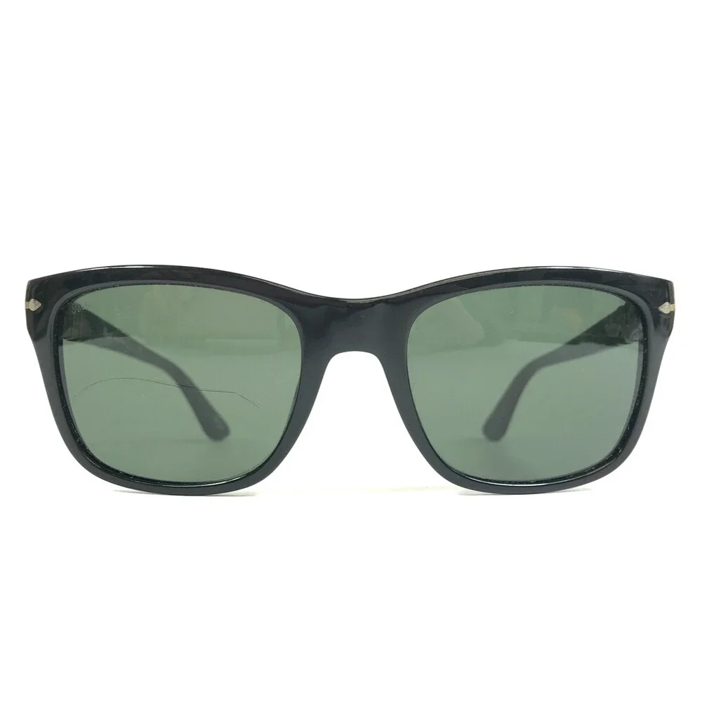 Persol Sunglasses 3135-S 95/31 Shiny Black Silver Square Frames w/ Green Lenses